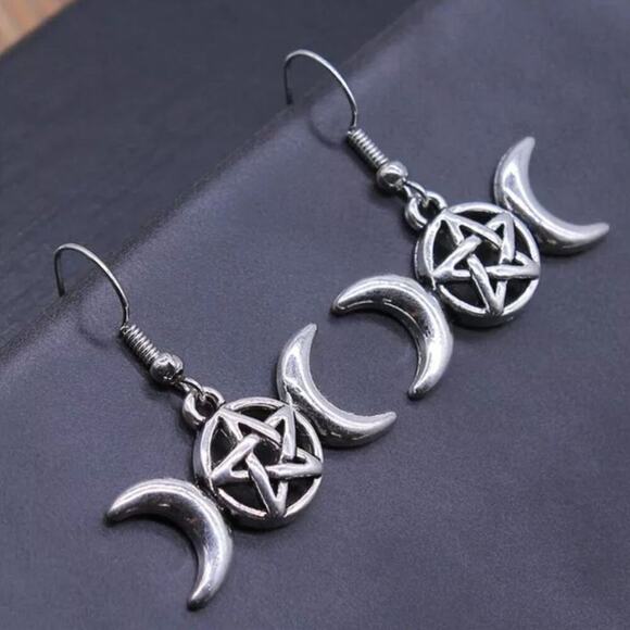 Crescent moon pentagram silver tone earrings - Picture 1 of 1
